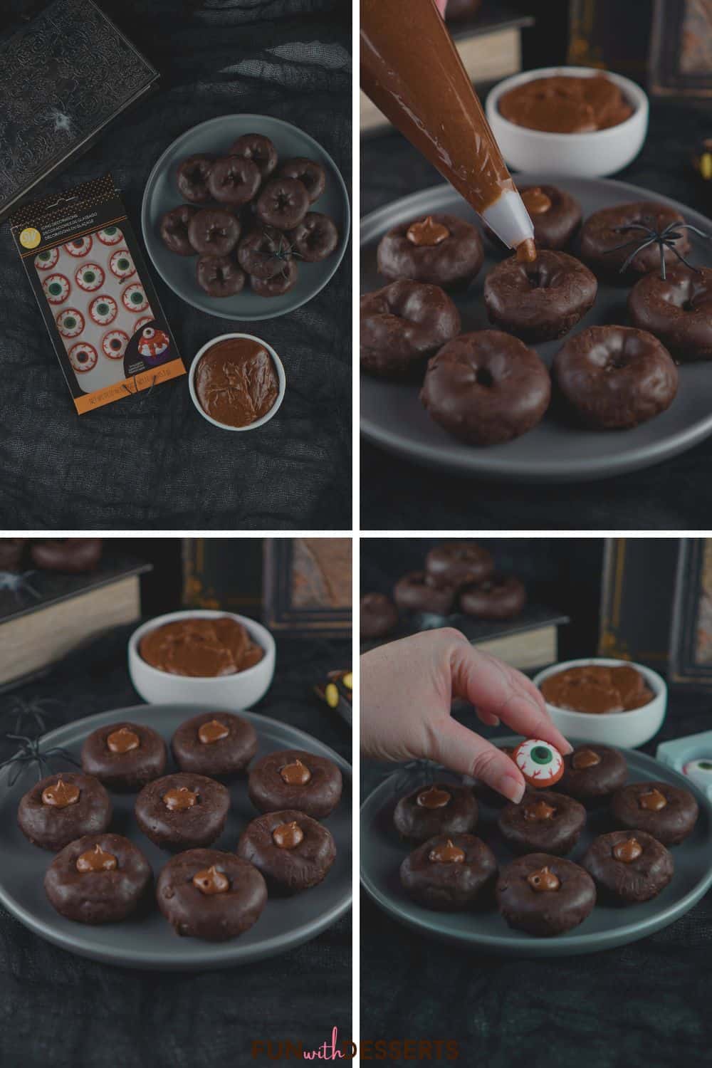 Four image collage showing how to make Halloween mini eyeball donuts.